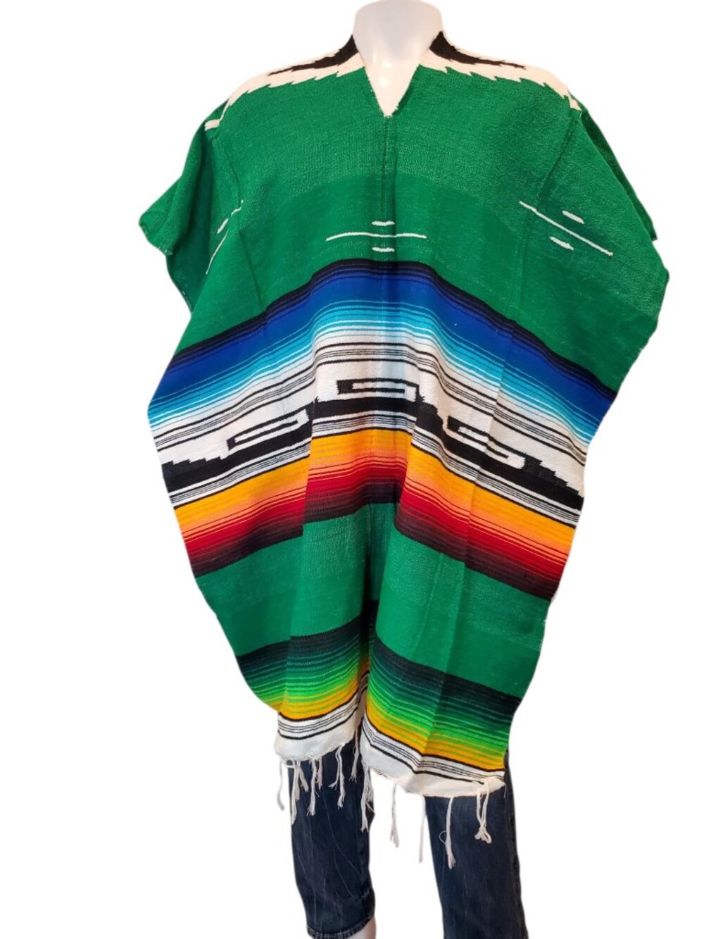 Vintage Mexican Woven Serape Authentic Green Multi-color Blanket Poncho Unisex